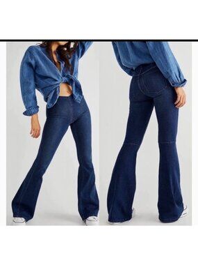 Free People women's 25W penny pull on flare denim jeans stretch medium wash